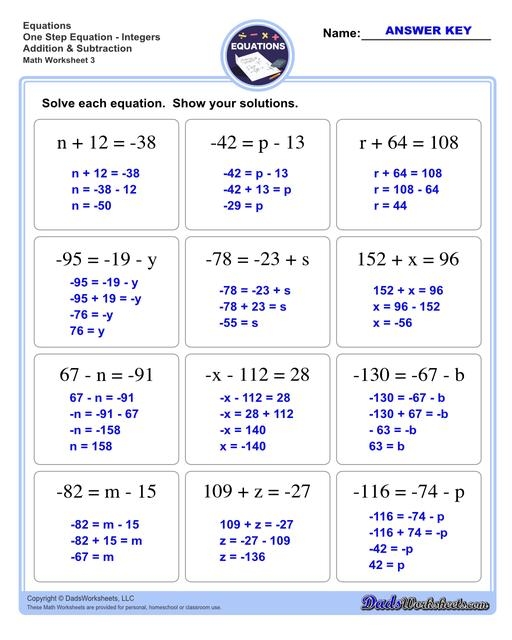 worksheets on solving one step equations