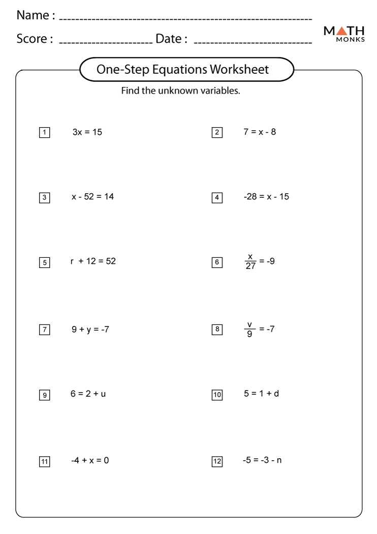 One Step Equations Worksheets Math Monks