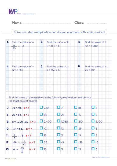 One Variable Equations Worksheets