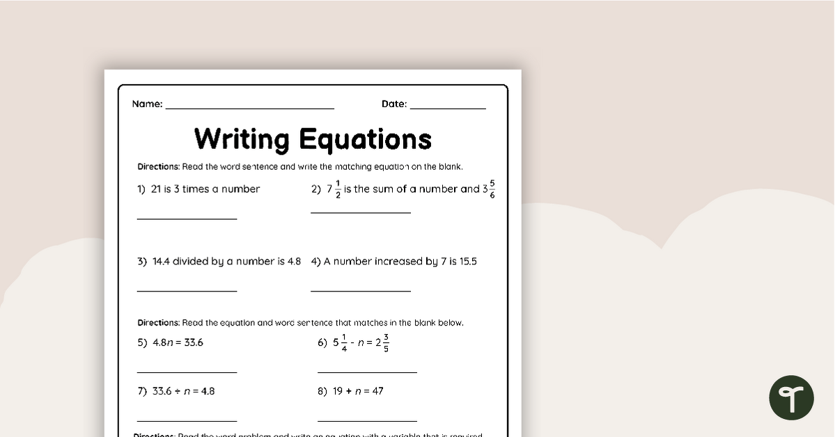 One Variable Word Problems Notes And Worksheets Lindsay Bowden 