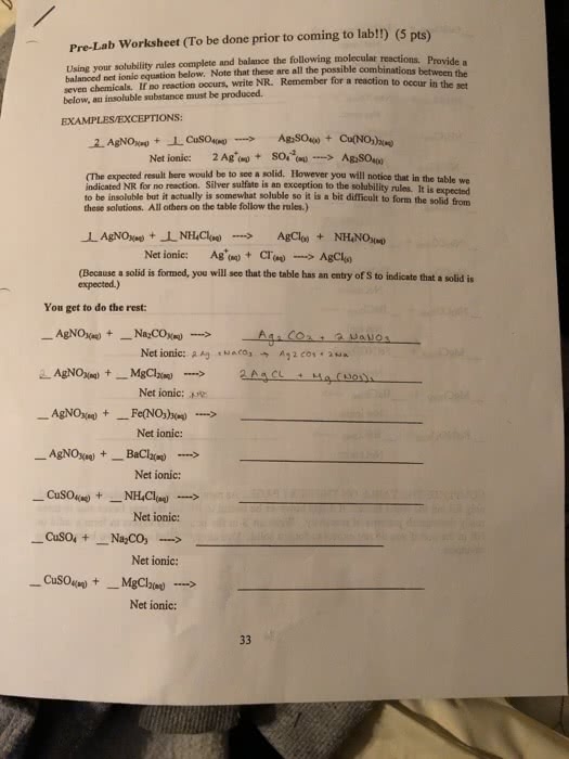 OneClass Balance And Solve For Net Ionic Formulas Pre Lab 