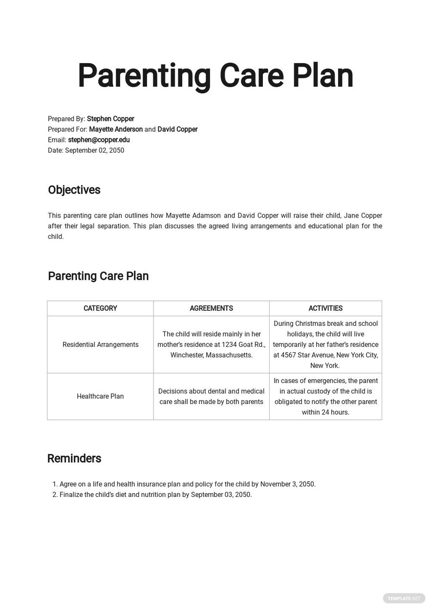 Parenting Plans Templates Google Docs Format Free Download 