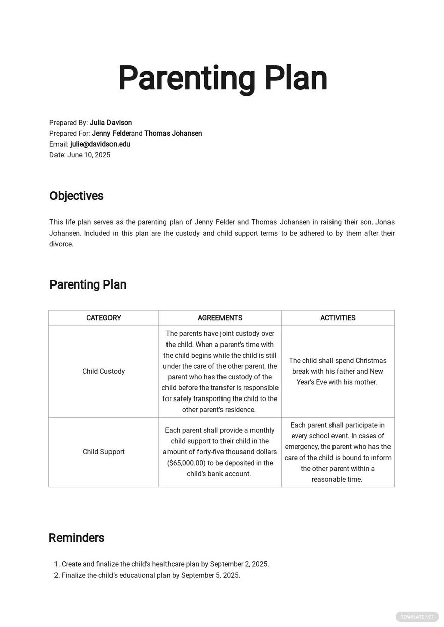 Parenting Plans Templates Google Docs Format Free Download 