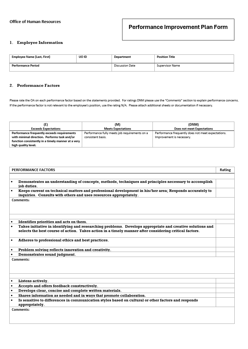 Performance Improvement Plan Template Free Word Excel Templates