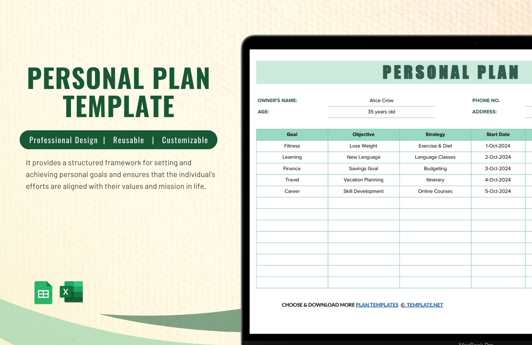 Personal Plan Template In Excel Google Sheets Download Template