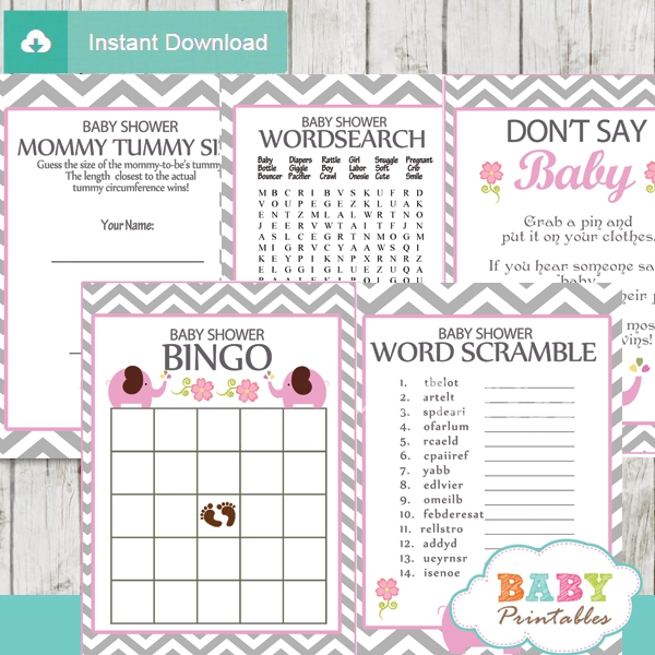 Pink Elephant Baby Shower Games Bundle D106