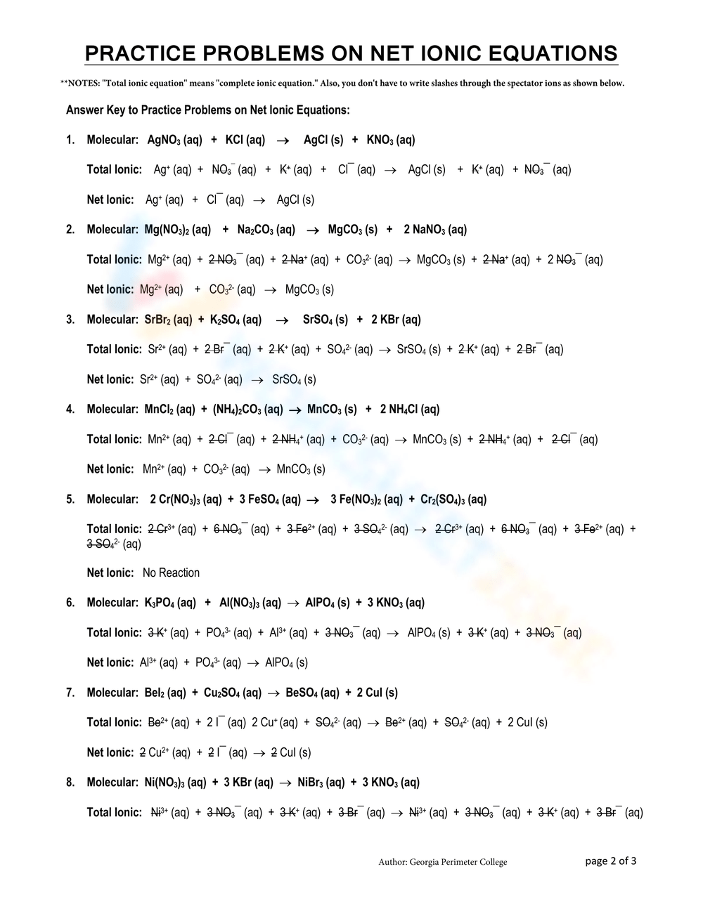 PRACTICE PROBLEMS ON NET IONIC EQUATIONS Worksheet Worksheets Library