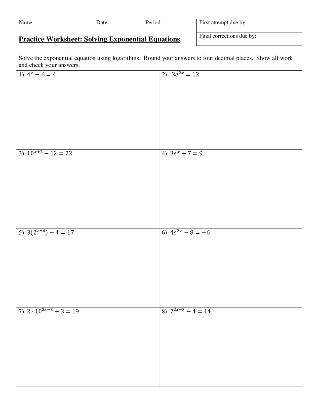 Practice Worksheet Solving Exponential Equations Study Guides 