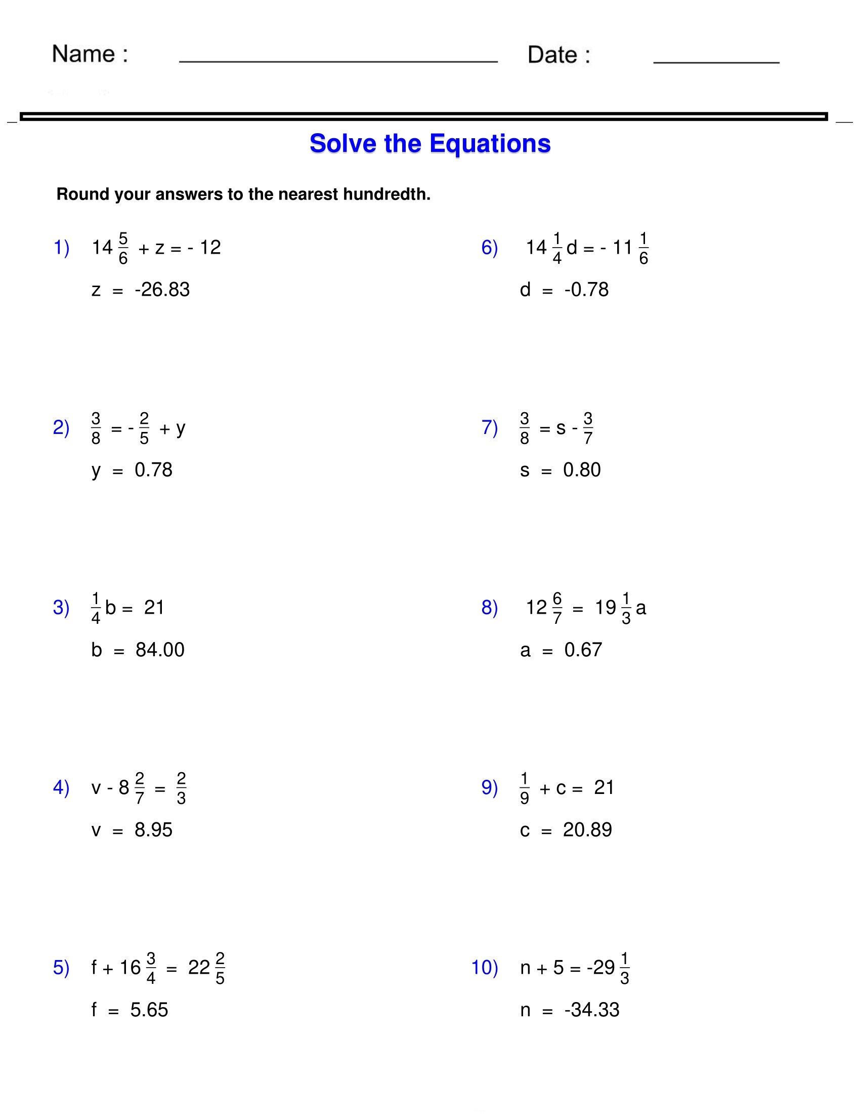 Pre Algebra Equations One Step Equations Containing Fractions 