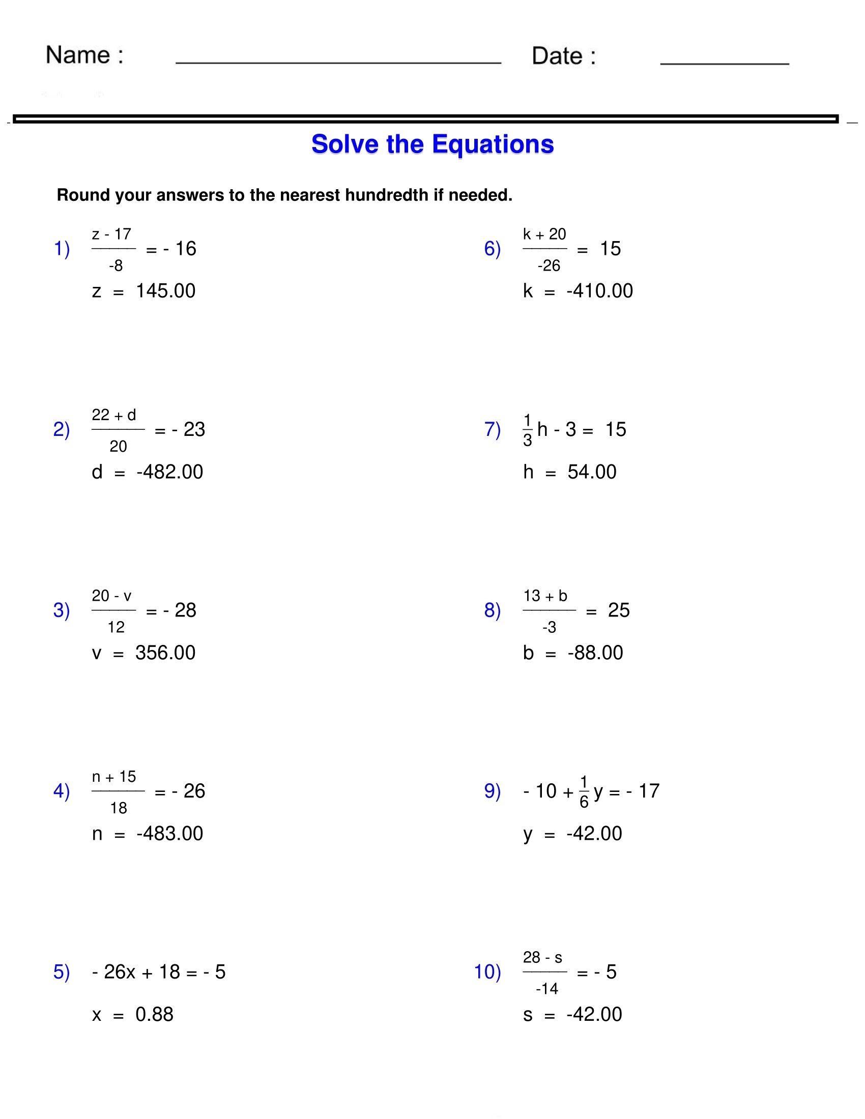 Pre Algebra Equations Two Step Equations Containing Integers 