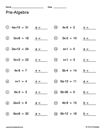 algebra equation worksheet