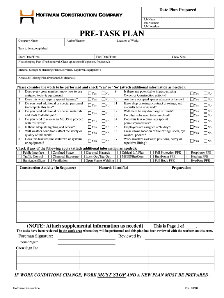 Pre Task Plan Template Word Fill Out Sign Online DocHub