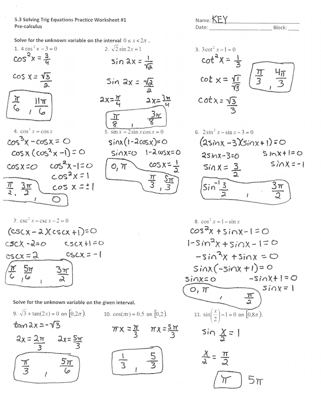 solving trig equations worksheet