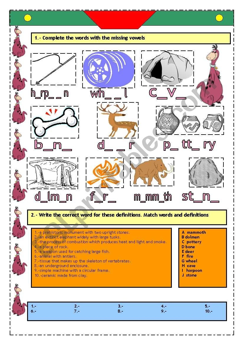 PREHISTORY ACTIVITIES WITH KEYS 2 PAGES ESL Worksheet By JUANBEGI