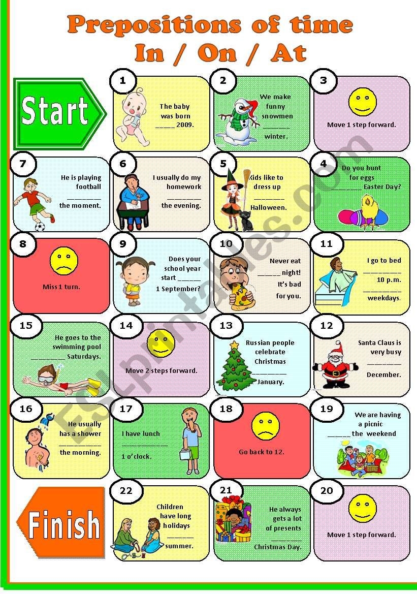PREPOSITIONS OF TIME in On At BOARD GAME Plus 3 EXERCISES key 