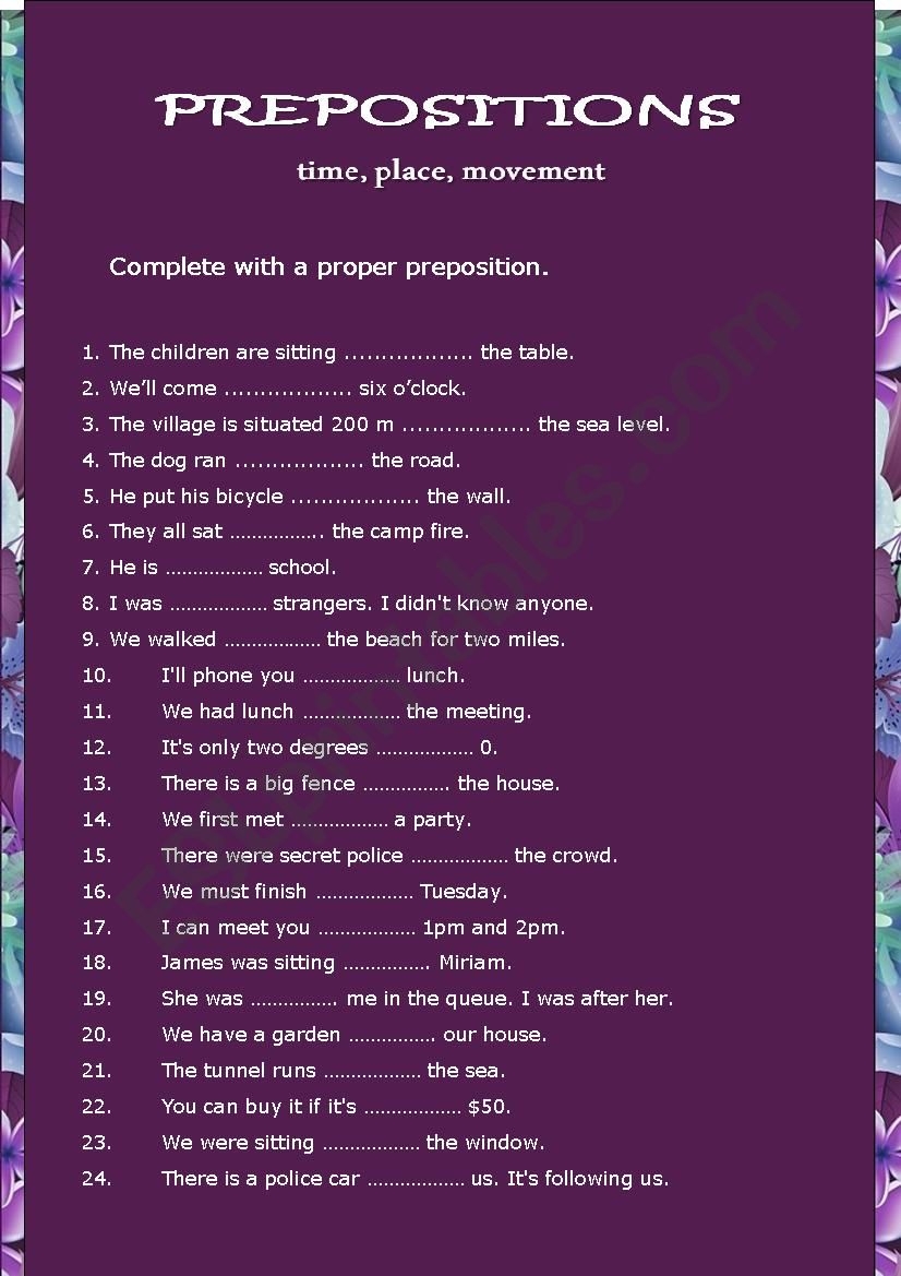 Prepositions Time Place Movement Exercises ESL Worksheet By The 