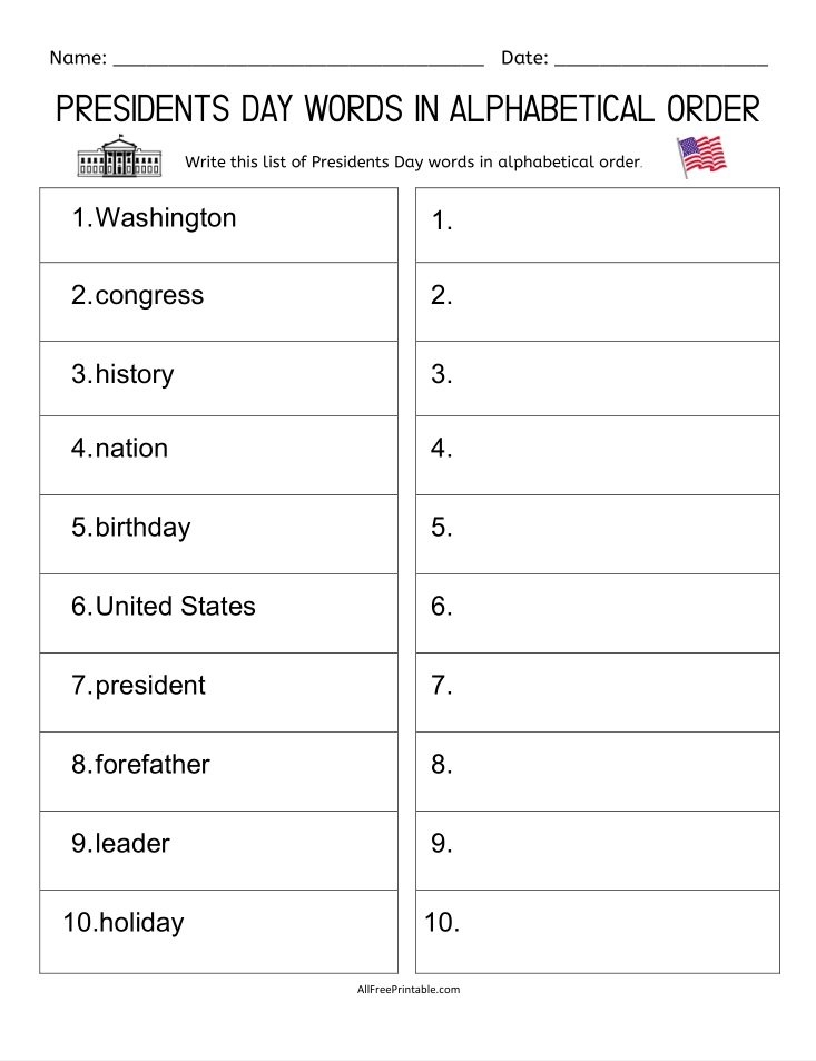 Presidents Day Words ABC Order Free Printable
