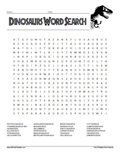 Print Dinosaurs Word Search Free Printable