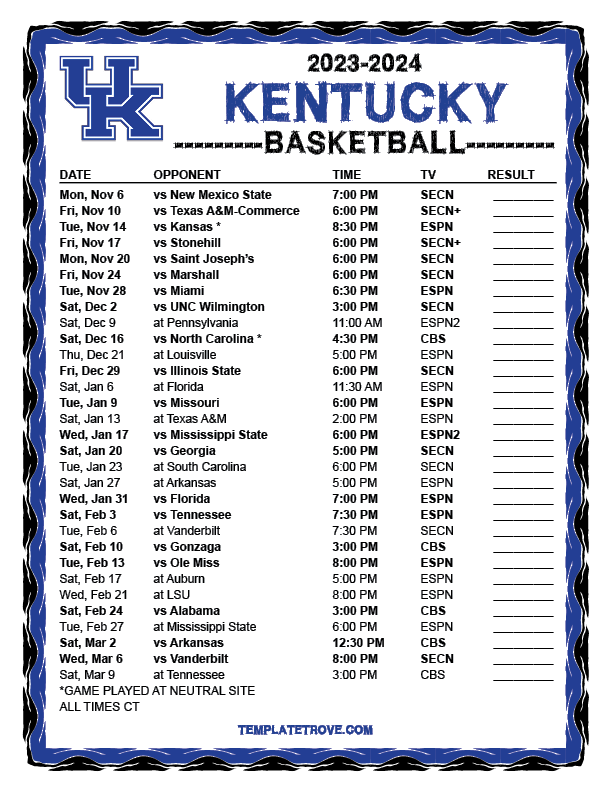 Printable 2023 2024 Kentucky Wildcats Basketball Schedule