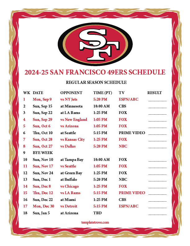 Printable 2024 2025 San Francisco 49ers Schedule