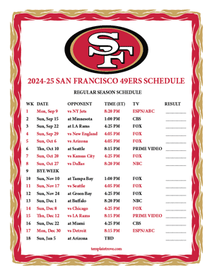 Printable 2024 2025 San Francisco 49ers Schedule