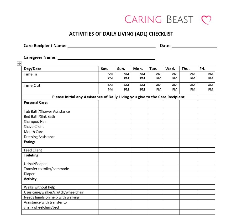 Printable Activities Of Daily Living Checklist Printable Word Searches
