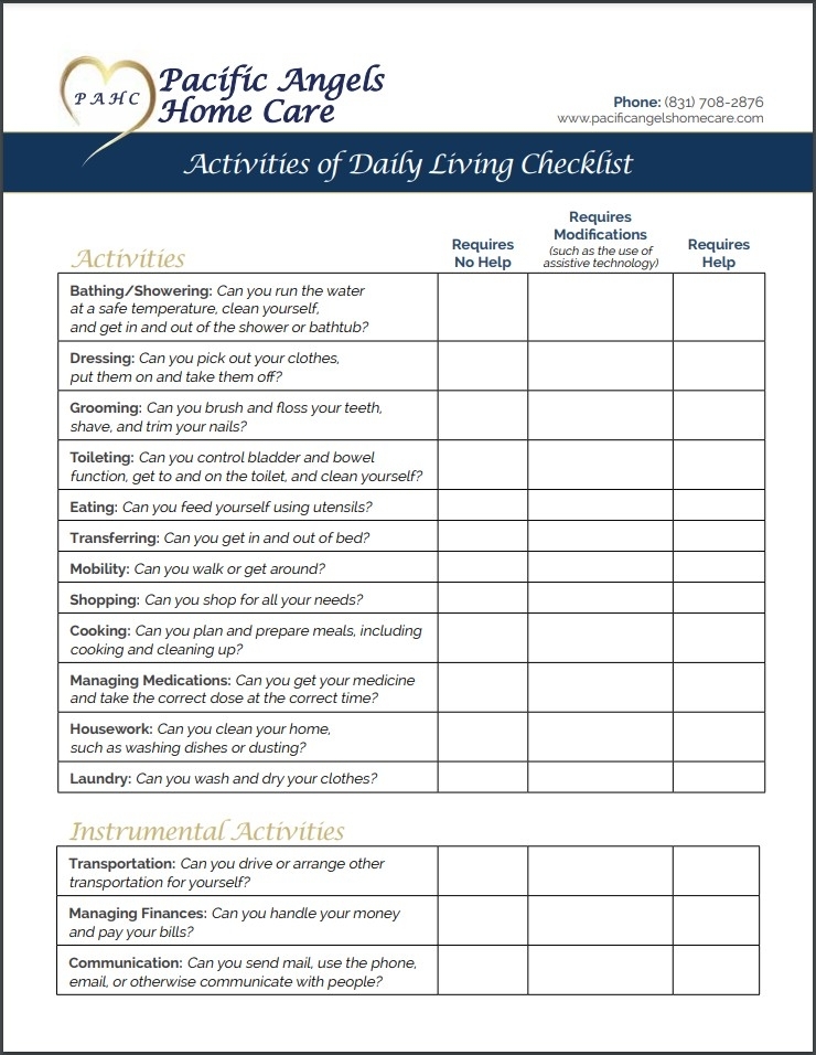 Printable Activities Of Daily Living Checklist We Love Printables