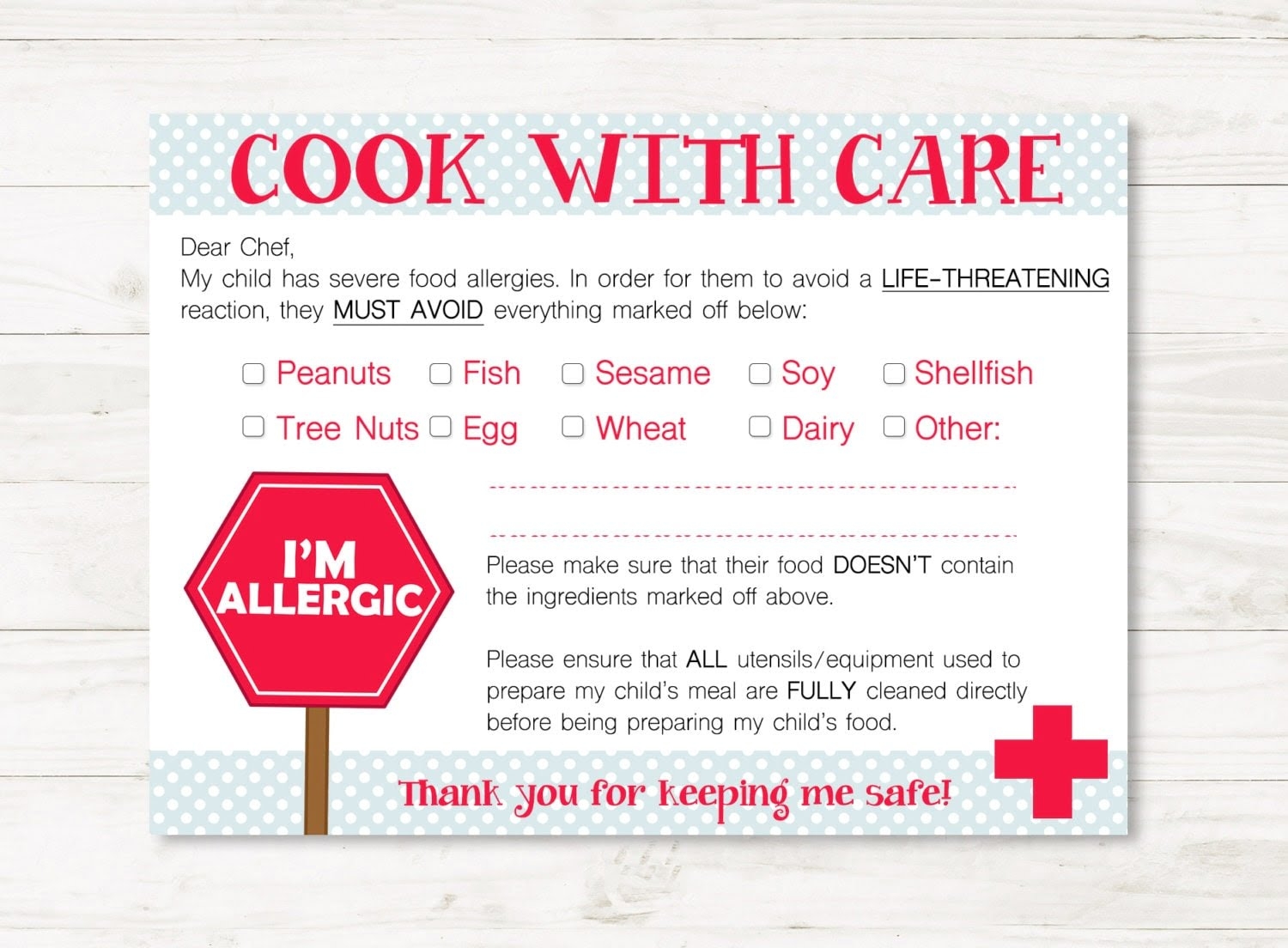 Printable Allergy Card Template Free Printable