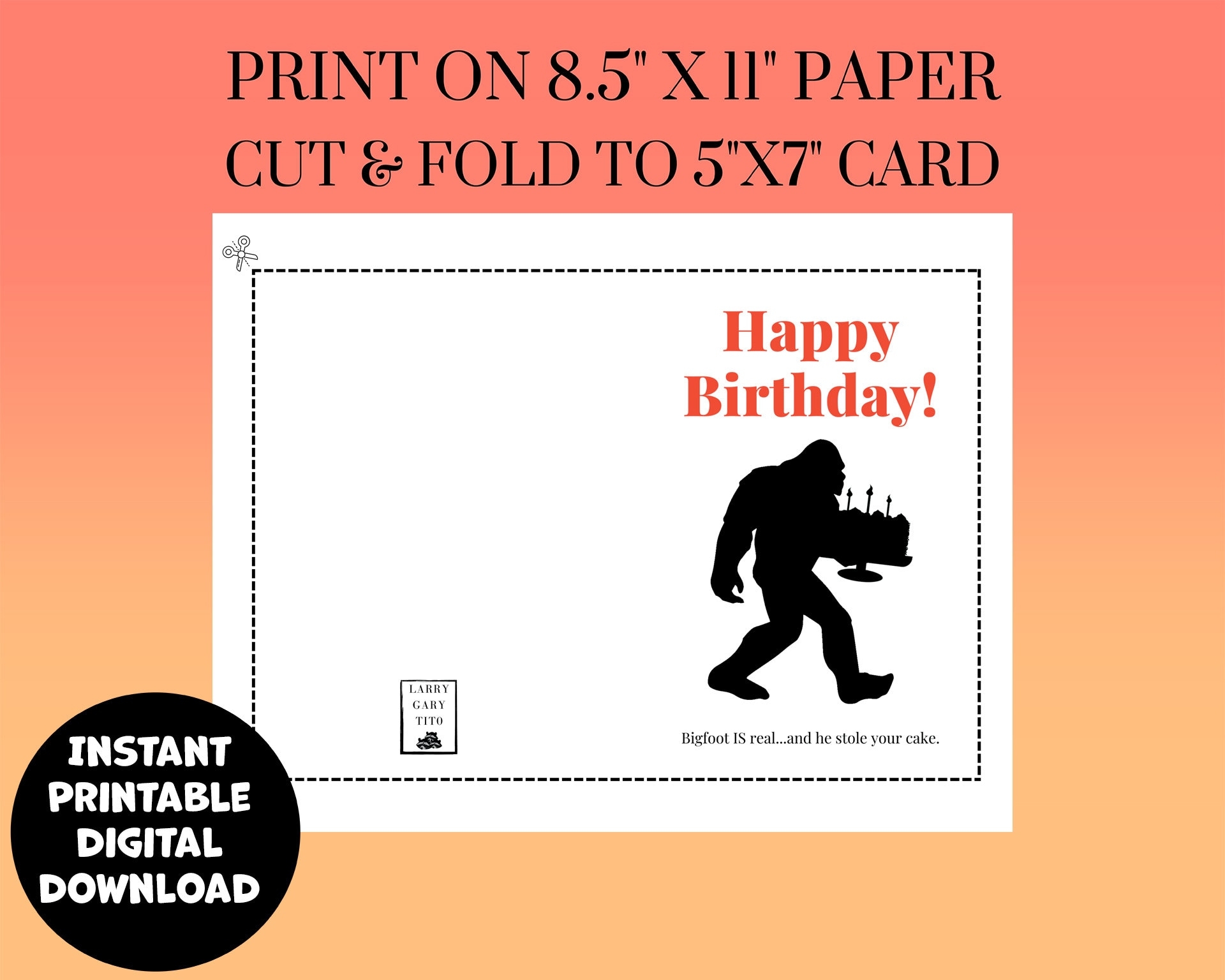 Printable Bigfoot Birthday Card Instant Digital Download Funny 5X7 
