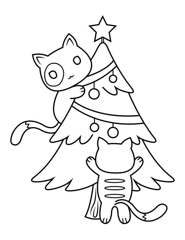 Printable Cats And Christmas Tree Coloring Page
