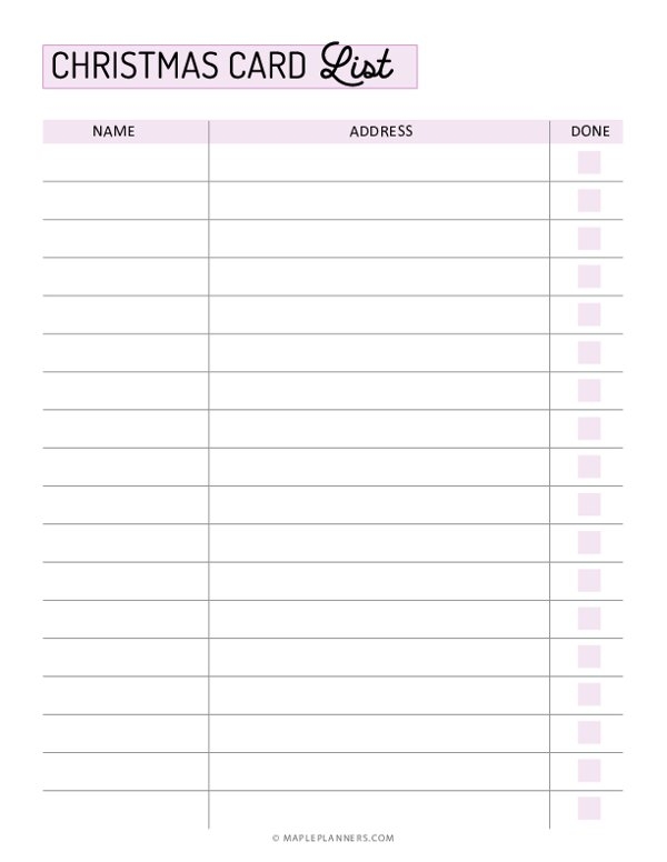 Printable Christmas Card List Template Printable Online