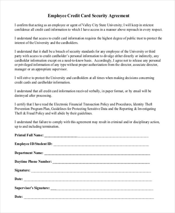 printable employee credit card agreement template