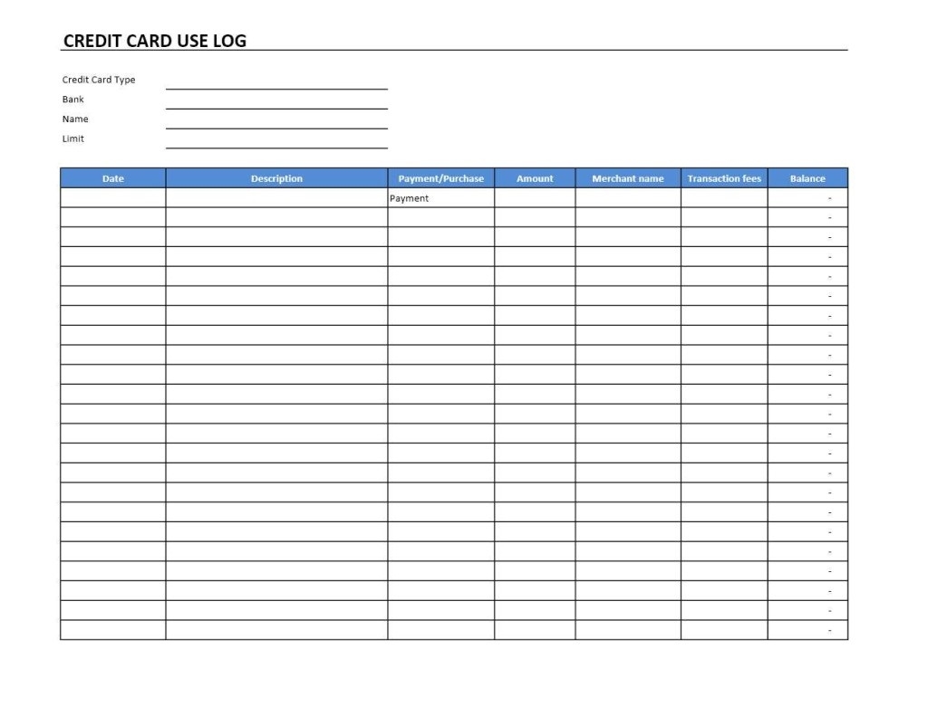Printable Credit Card Use Log Template Templateral