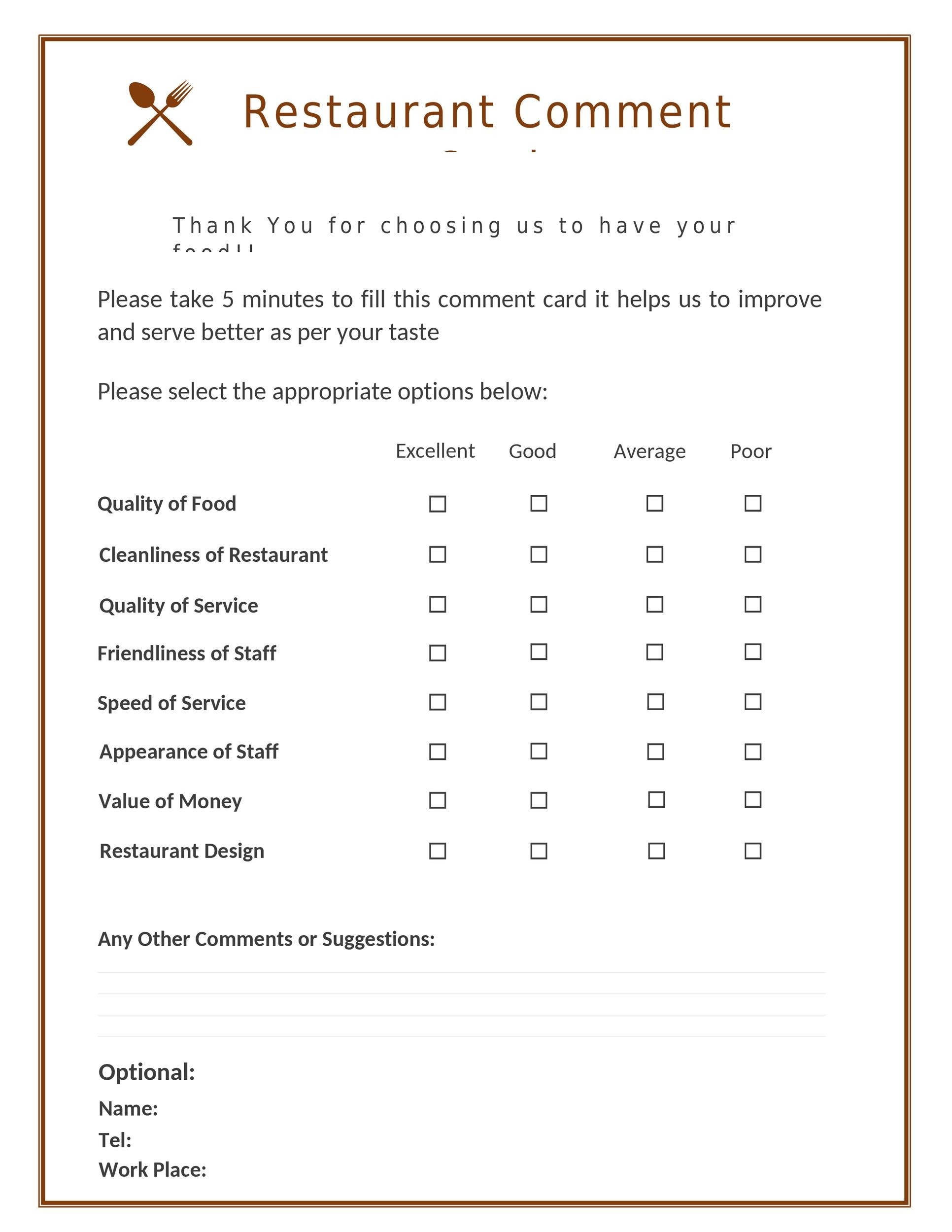 Printable Customer Comment Card Template Printable Templates