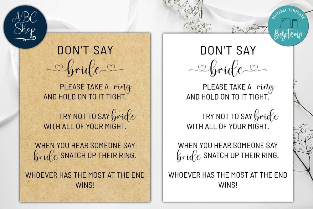 Printable Dont Say Bride Bridal Shower Game Digital File Bobotemp