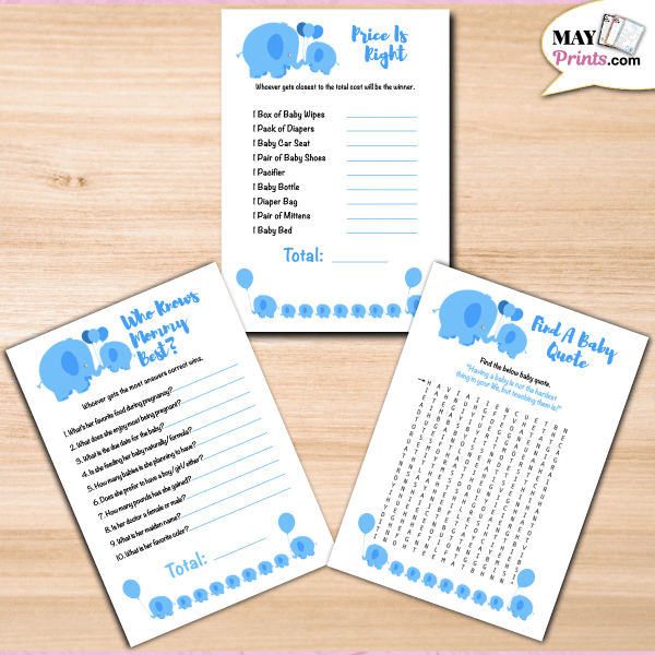 Printable Elephant Themed Baby Shower Games 10 GAMES