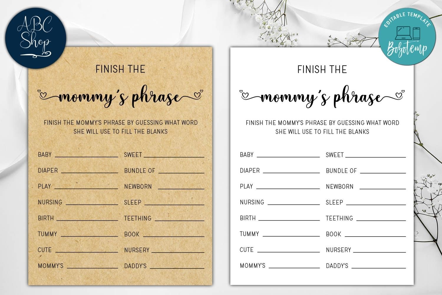 Printable Finish Mommy 39 s Phrase Baby Shower Game Instant Download 