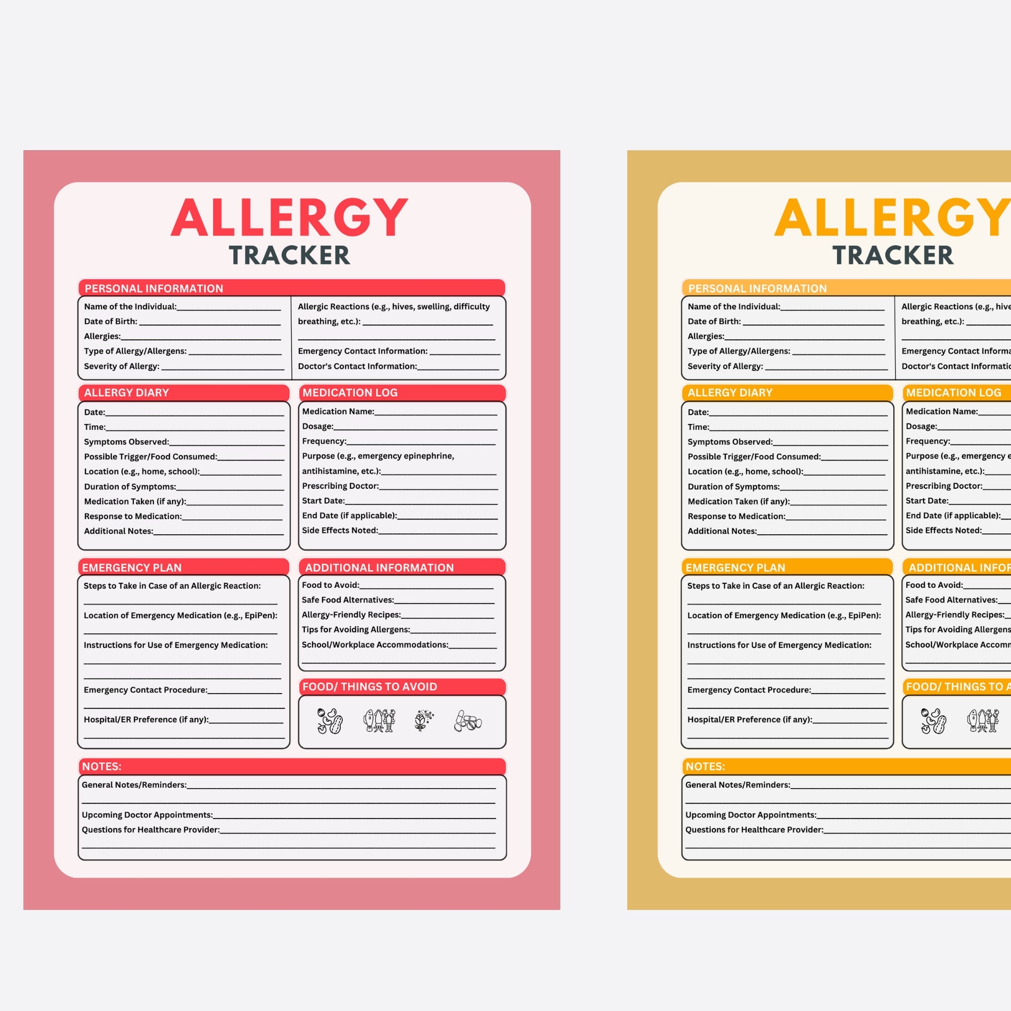 printable food allergy card template