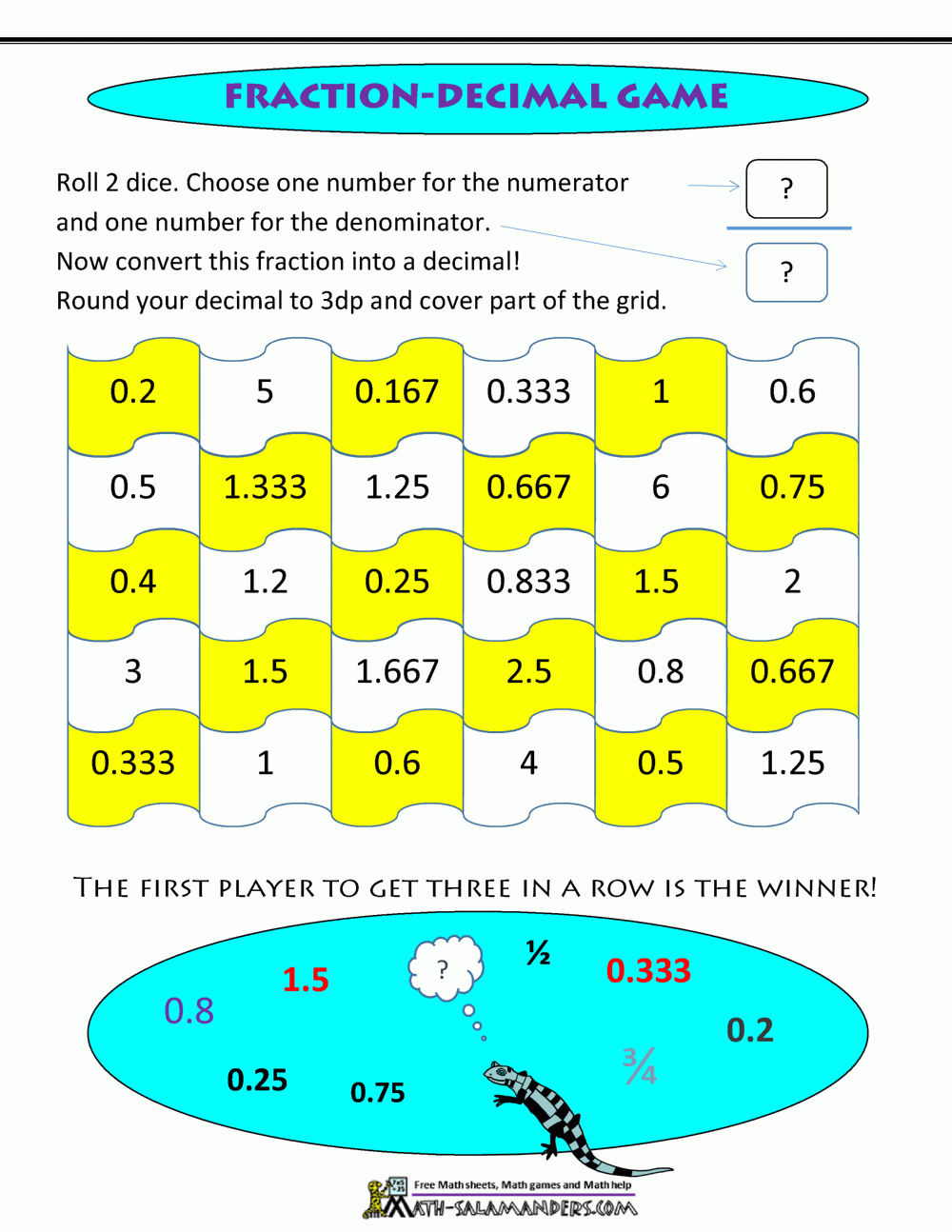 free printable fraction board games