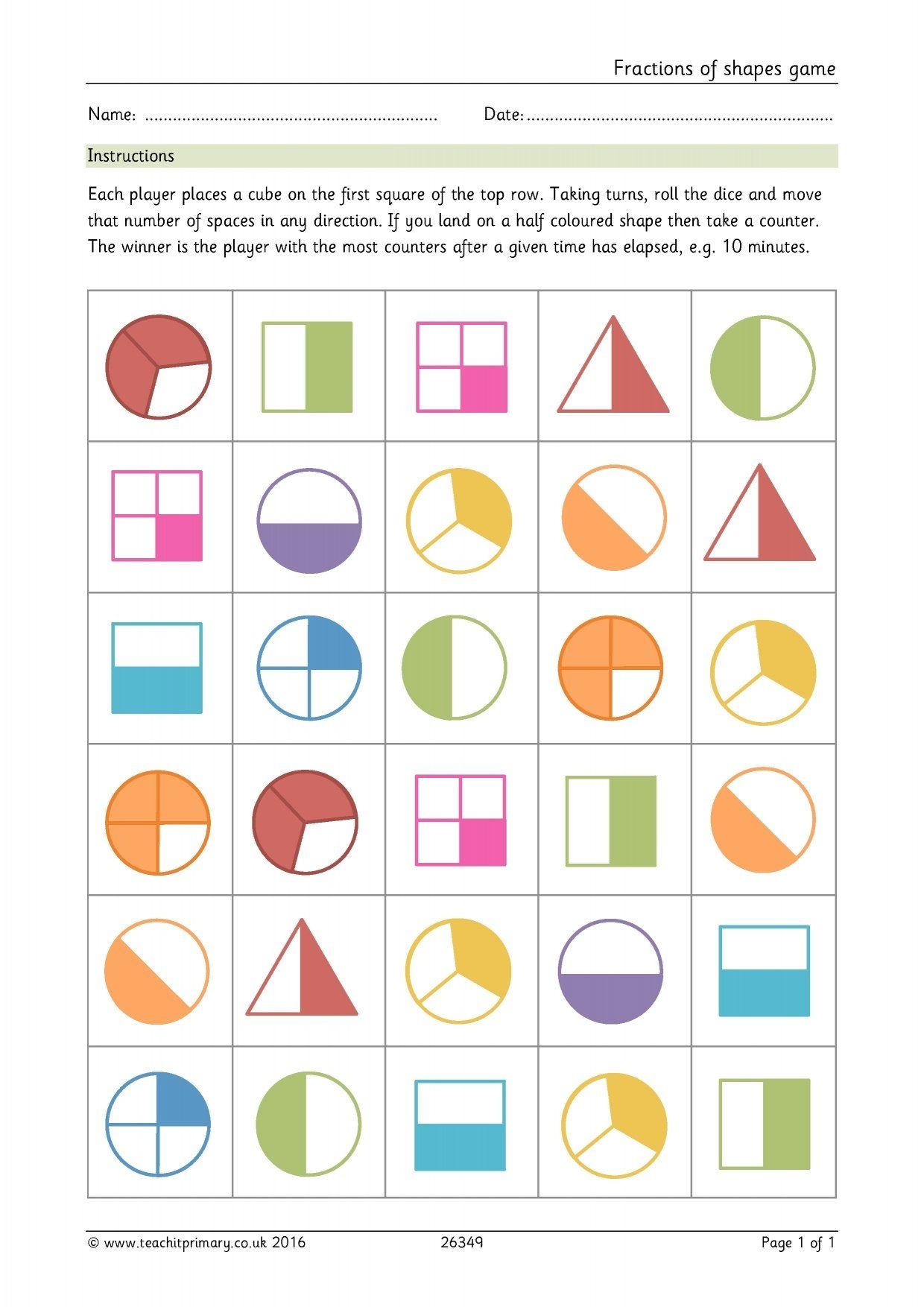 free printable fraction match games