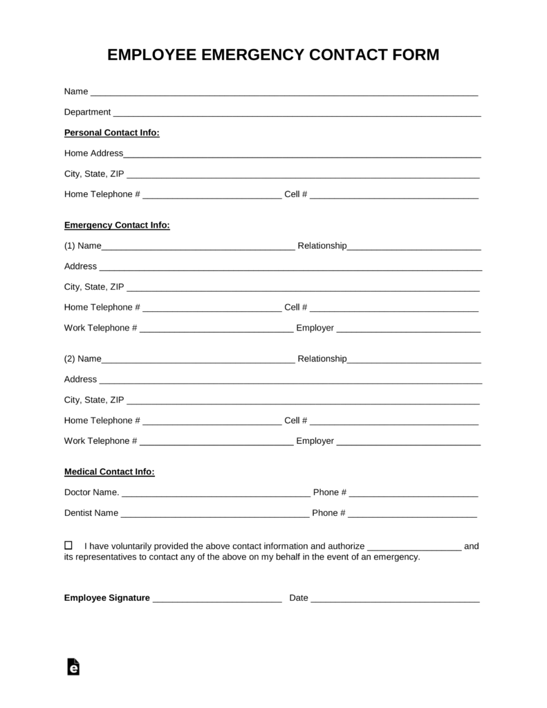 Printable Free Emergency Contact Card Template