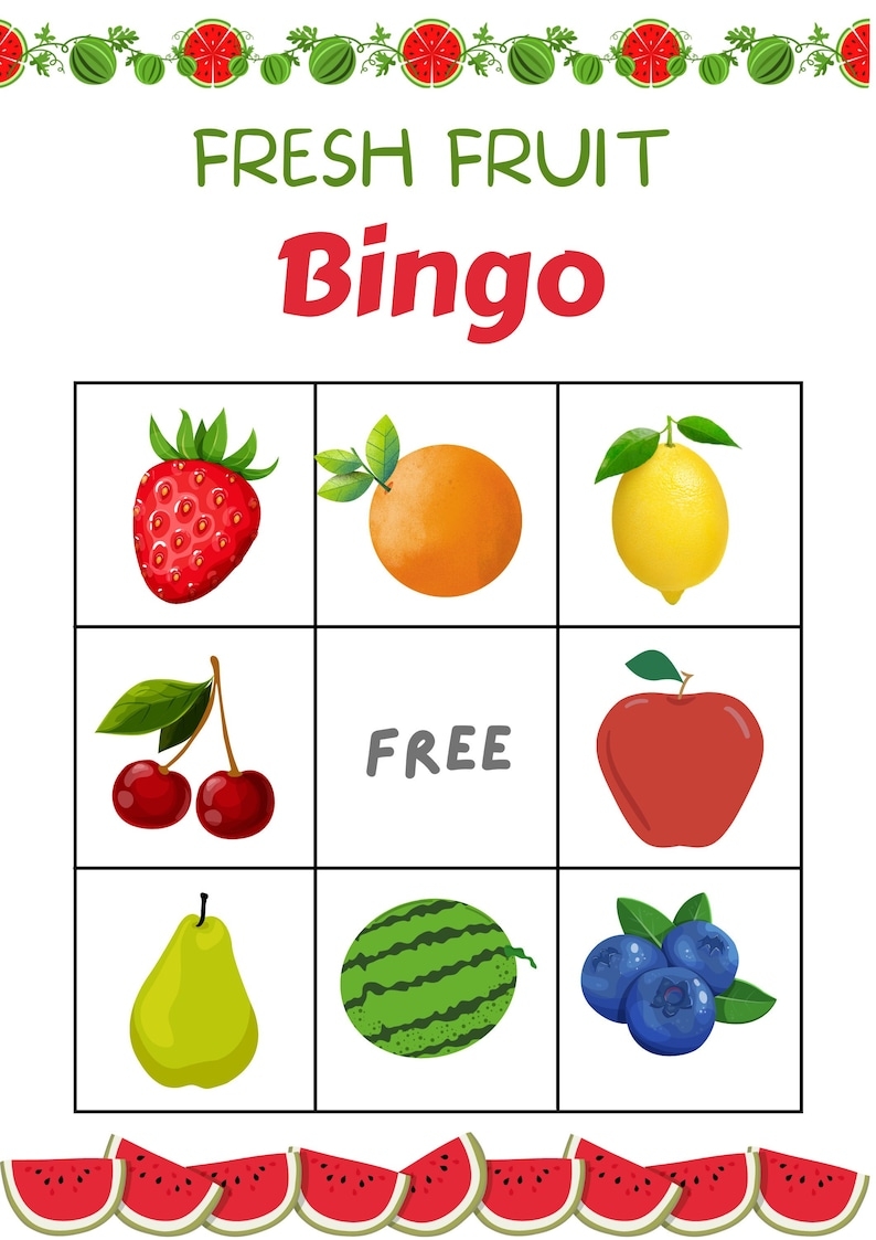 Printable FRUIT Themed BINGO Game For Preschool Toddlers Kindergarten 
