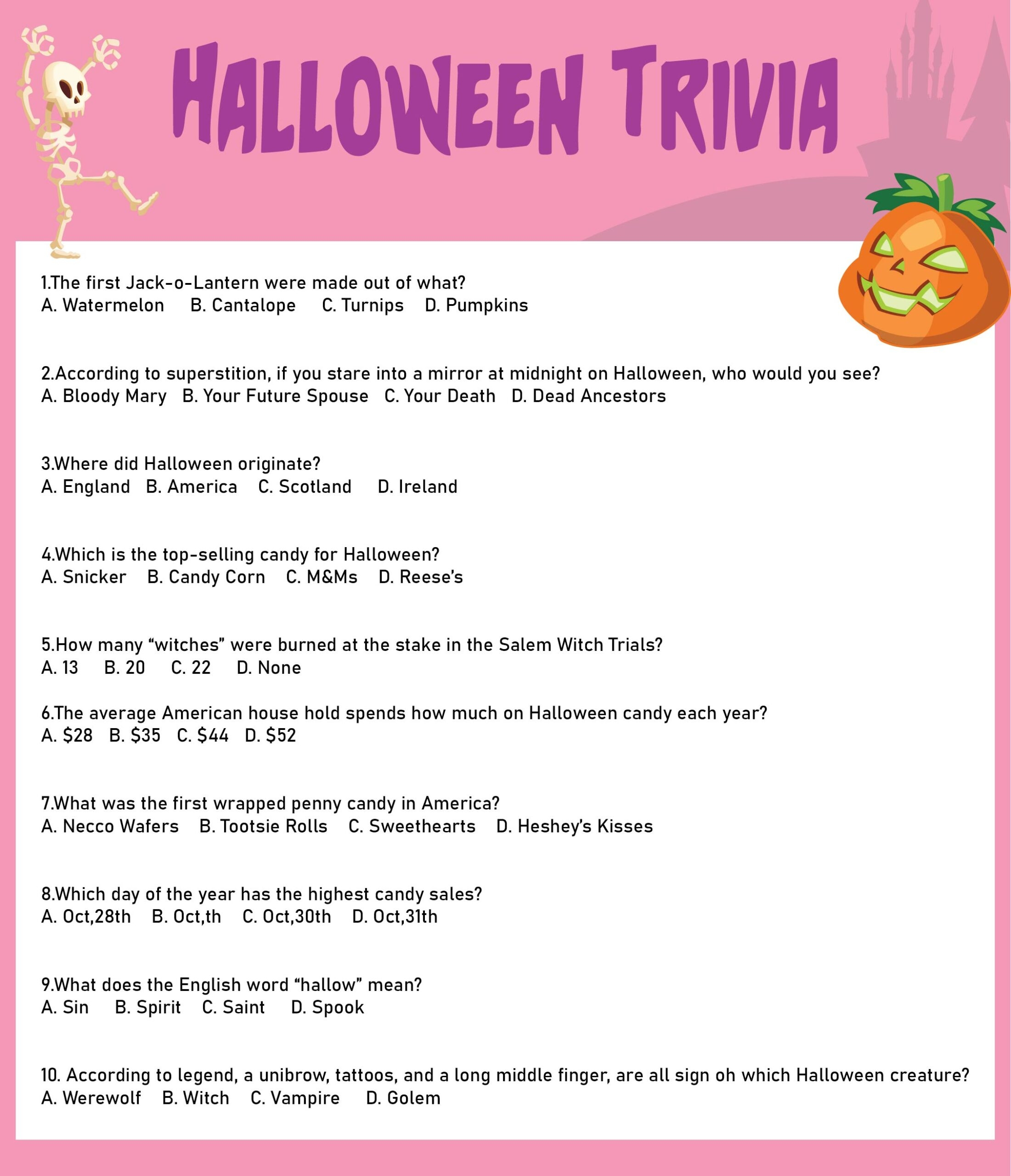 Printable Halloween Trivia Printable JD