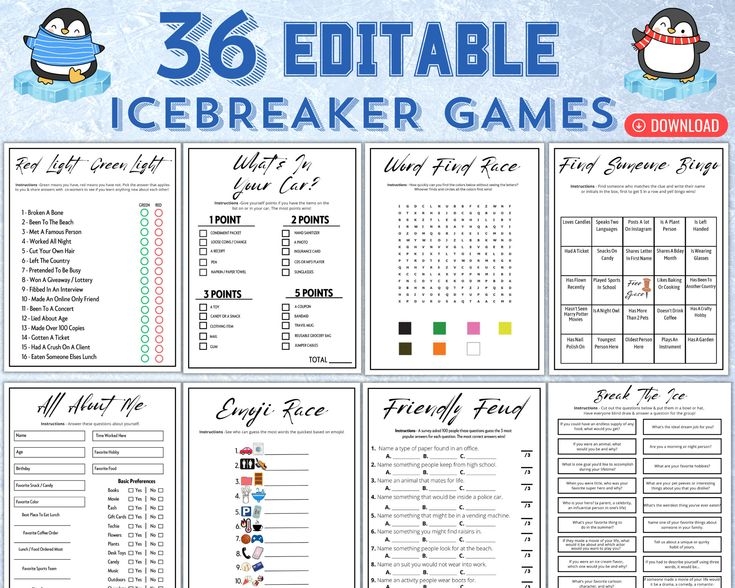 Printable Icebreaker Games Social Group Activities Editable Template