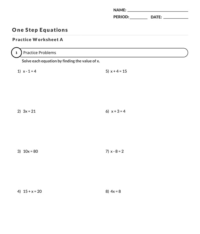 Printable One Step Equation Worksheet Practice Free Download And 