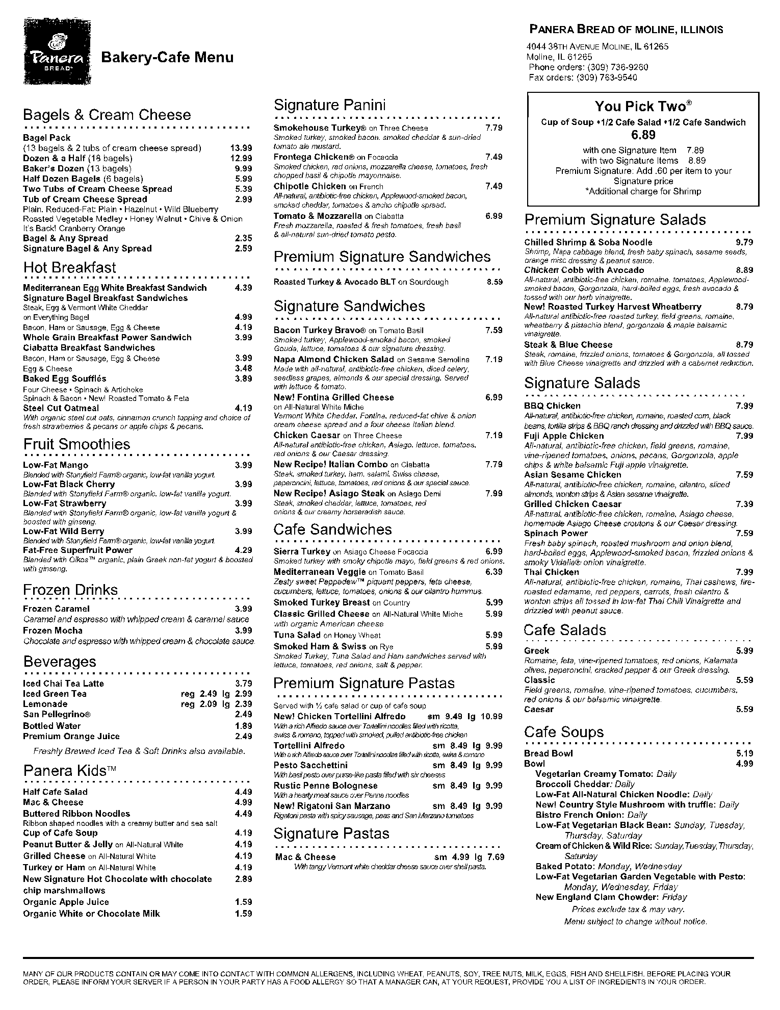 Printable Panera Lunch Menu With Prices Pdf