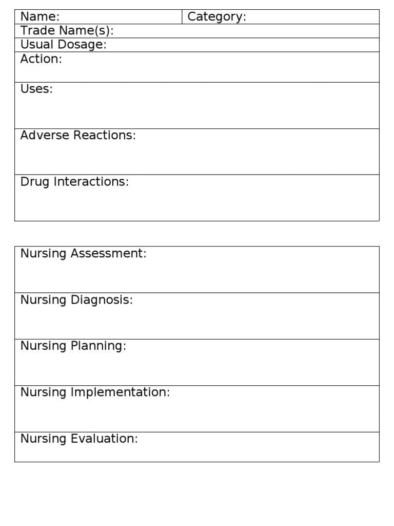 nursing student printable drug card template