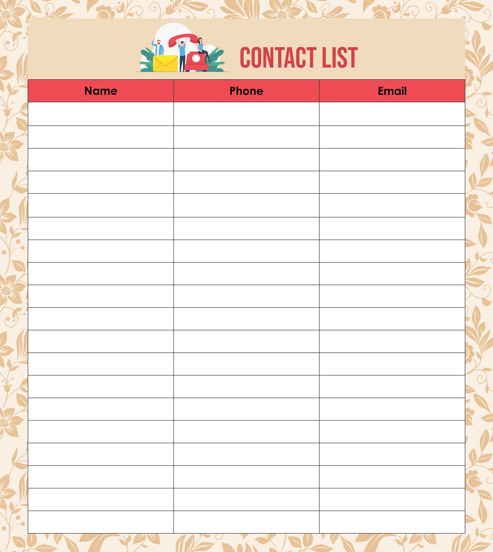 Printable Phone Number List List Template Template Printable