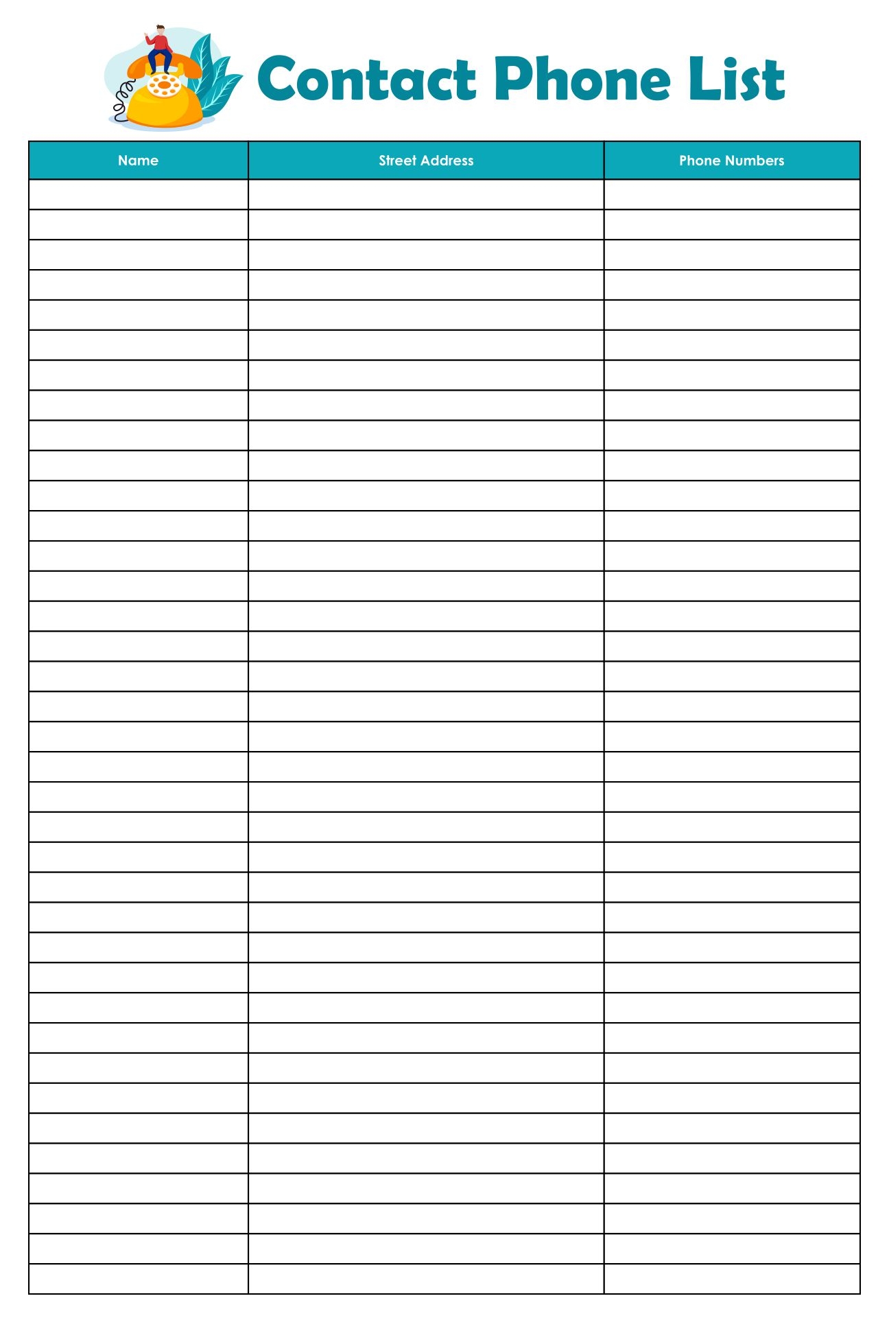 Printable Phone Number List Template Printable Templates