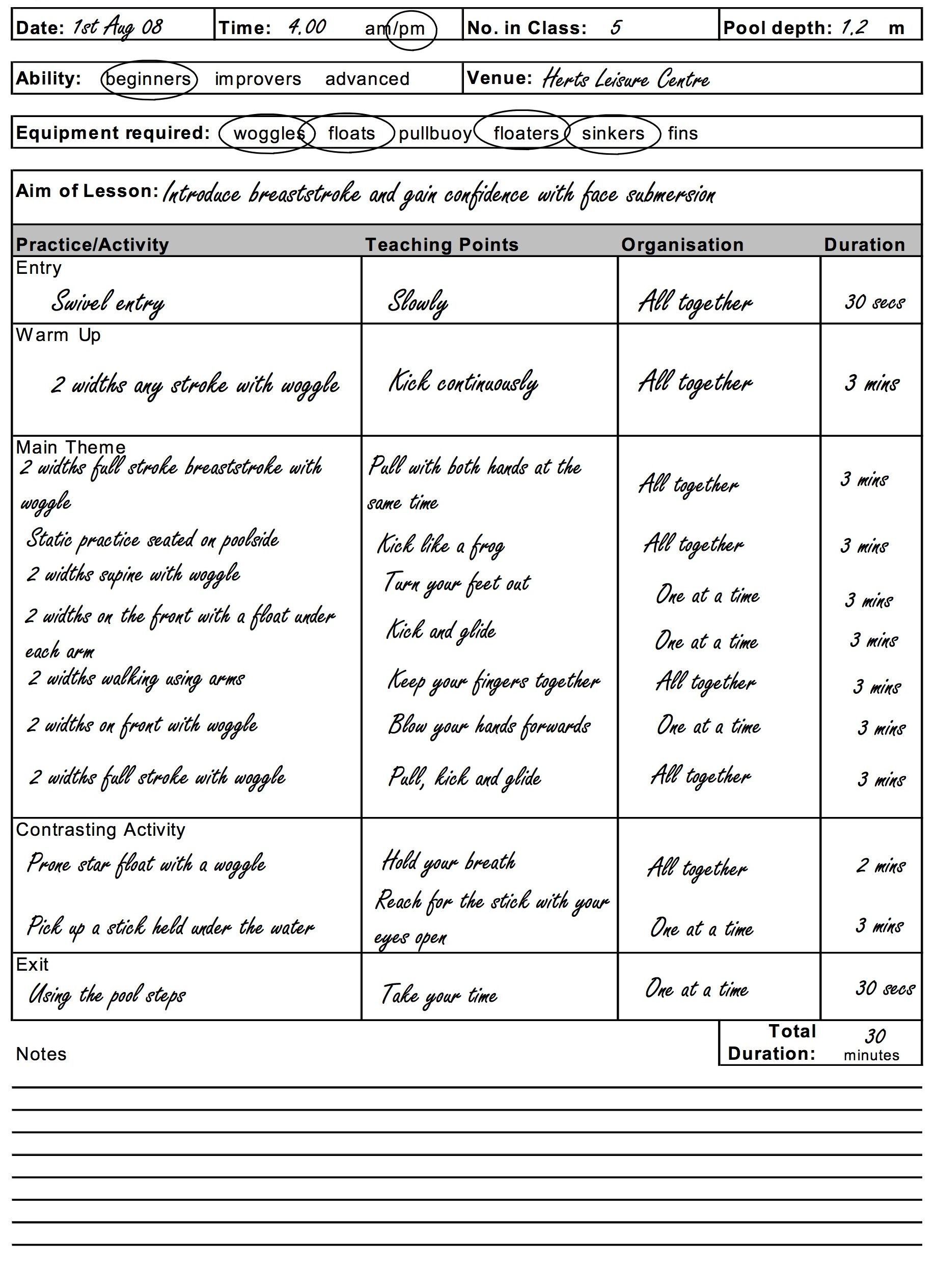 Printable Swimming Lesson Plan Template Printable Lesson Plans